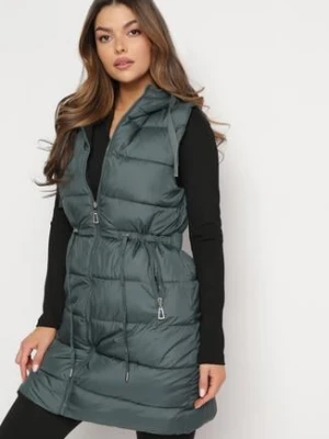 Ciemnozielona Długa Kamizelka Dwustronna Zapinana na Suwak z Pikowaniem i Troczkiem w Pasie Heddemia bh forever