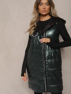 Ciemnozielona Długa Kamizelka Pikowana z Naszywką i Kapturem Mevianis swest