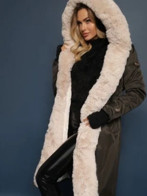 Ciemnozielona Długa Kurtka Parka Nylonowa Płaszcz z Futrzanymi Wstawkami Rinale swest