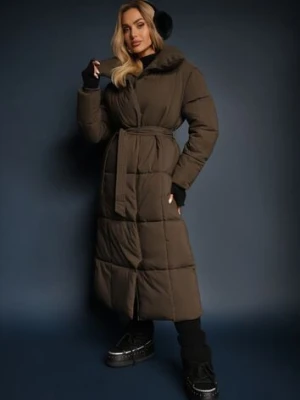 Ciemnozielona Długa Kurtka Pikowana Płaszcz z Paskiem Adellesstta melya by melody