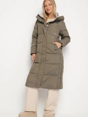 Ciemnozielona Długa Kurtka Pikowana z Kapturem i Bocznymi Suwakami Aruvitta bh forever