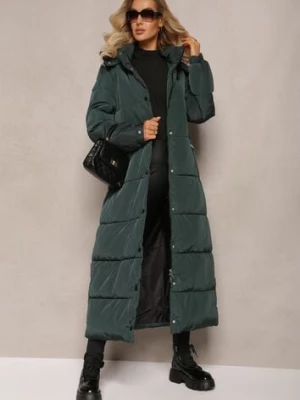 Ciemnozielona Długa Kurtka Płaszcz z Pikowaniem i Odpinanym Kapturem Mystaris ann gissy