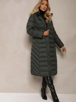 Ciemnozielona Długa Kurtka z Pikowanymi Przeszyciami i Kapturem z Możliwością Odpięcia Realithra ann gissy