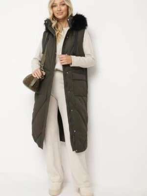 Ciemnozielona Długa Pikowana Kamizelka z Kapturem i Futerkiem Zapinana na Napy Avarienne j.style