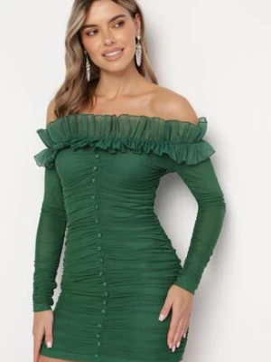 Ciemnozielona Dopasowana Sukienka Hiszpanka z Falbanką Turlia