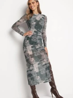 Ciemnozielona Dopasowana Sukienka Maxi w Fantazyjny Print Sartine by swan