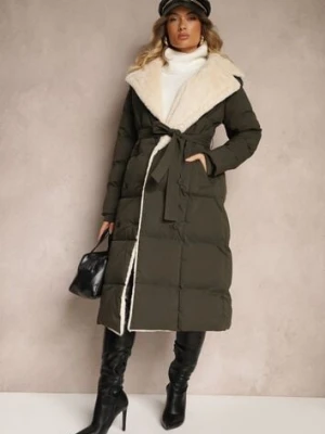 Ciemnozielona Dwurzędowa Kurtka z Pikowanym Przeszyciem i Paskiem Zdobiona Futrzanym Kołnierzem Miririna jstyle