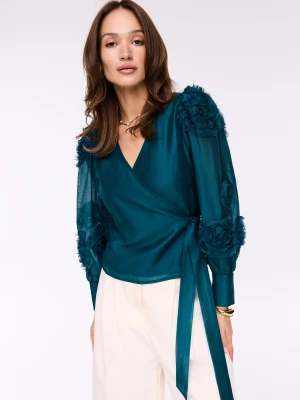 Ciemnozielona elegancka bluzka z ozdobnymi kwiatami TARANKO