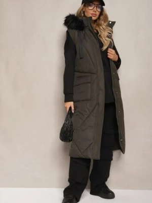 Ciemnozielona Kamizelka o Długim Kroju z Pikowaniem i Kapturem Ozdobiona Futerkiem Avarilla j.style