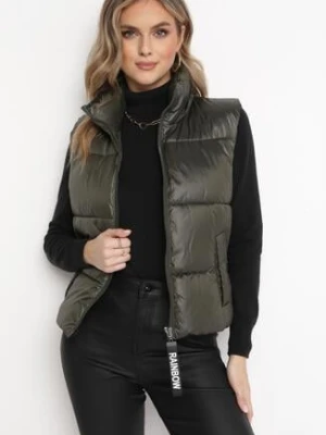 Ciemnozielona Kamizelka z Szerokim Kołnierzem Pikowana Risara swest