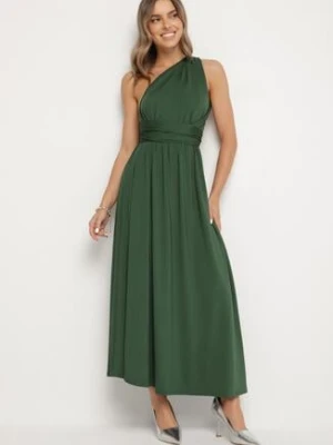 Ciemnozielona Koktajlowa Sukienka Multiway z Wiskozą i Wiązaniem na Szyi Lilazza by swan