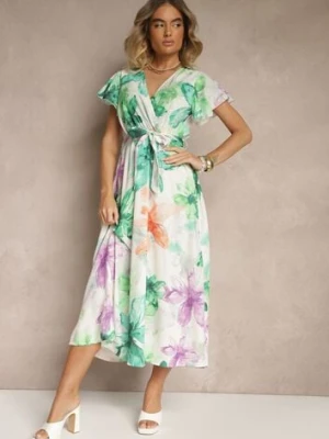 Ciemnozielona Kopertowa Sukienka z Wiązanym Paskiem w Kwiatowy Wzór Redellira lovery