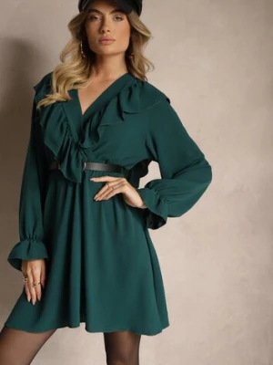 Ciemnozielona Kopertowa Sukienka z Żabotem Ozdobiona Falbankami Melosia New Collection Zielony