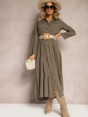 Zdjęcie produktu Ciemnozielona Koszulowa Sukienka Maxi z Bawełny Junira