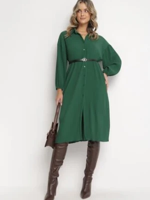 Ciemnozielona Koszulowa Sukienka Midi z Plisowanej Tkaniny z Guzikami Safira lily rose