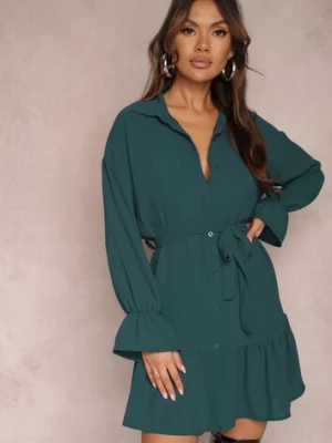 Ciemnozielona Koszulowa Sukienka Mini z Falbanką i Wiązanym Paskiem Blisotta j studio