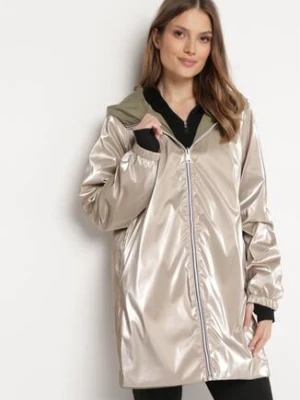 Ciemnozielona Kurtka Dwustronna z Nieodpinanym Kapturem i Metalicznym Efektem Lirednil melya by melody