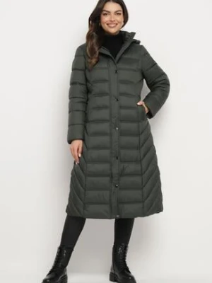 Ciemnozielona Kurtka Pikowana o Długim Fasonie z Odpinanym Kapturem Reanora ann gissy