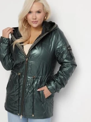 Ciemnozielona Kurtka Pikowana Parka z Nieodpinanym Kapturem Oferra swest