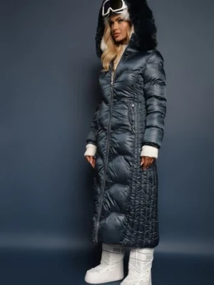 Ciemnozielona Kurtka Płaszcz z Ozdobnym Pikowaniem z Kapturem z Futerkiem i Marszczeniami Larian j.style