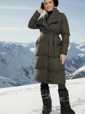 Ciemnozielona Kurtka Płaszcz Zapinana na Napy Ukryte pod Plisą z Kieszeniami i Paskiem Ritallas j.style