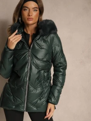 Ciemnozielona Kurtka z Ozdobnym Pikowaniem i Kapturem z Futrem Naliavea swest