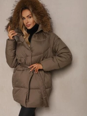 Ciemnozielona Kurtka z Pikowanymi Przeszyciami z Kapturem z Odpinanym Futrem Wiązana w Talii Issarelia j.style