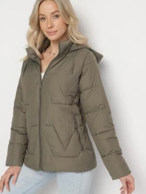 Ciemnozielona Kurtka z Szerokim Pikowaniem i Kapturem Yasidi j.style