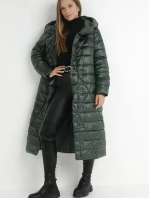 Ciemnozielona Kurtka za Kolano z Wiązanym Paskiem i Kapturem Chlyrie ann gissy