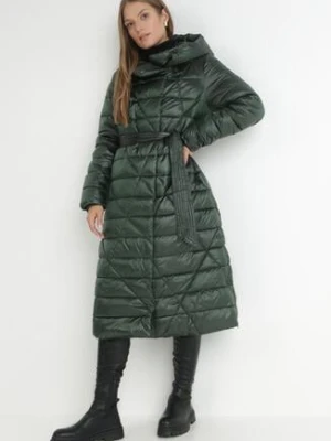 Ciemnozielona Kurtka za Kolano z Wiązanym Paskiem i Kapturem Chlyrie ann gissy
