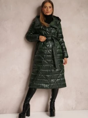 Ciemnozielona Kurtka za Kolano z Wiązanym Paskiem i Kapturem Feome ann gissy