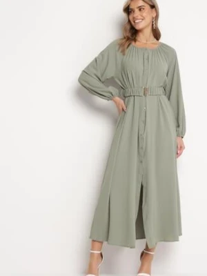 Ciemnozielona Luźna Sukienka Maxi z Guzikami i Paskiem z Ozdobną Klamrą Liriti rosa