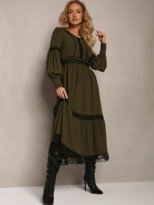 Ciemnozielona Maxi Sukienka o Rozkloszowanym Kroju z Ozdobną Koronką i Mankietami Kante jusdepom