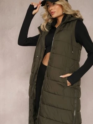 Ciemnozielona Pikowana Kamizelka Bezrękawnik o Przedłużonym Fasonie z Kapturem Tawari j.style