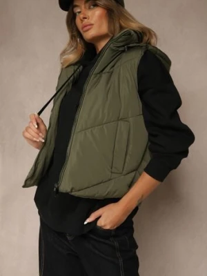 Ciemnozielona Pikowana Kamizelka Casual z Kapturem Olanissa j.style