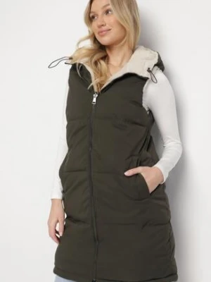 Ciemnozielona Pikowana Kamizelka Dwustronna z Futerkiem Typu Baranek i Kapturem Lertiala j.style