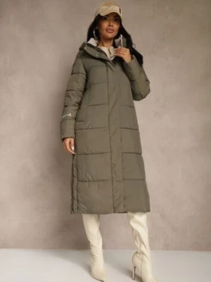 Ciemnozielona Pikowana Kurtka o Długim Kroju z Kapturem i Suwakami po Bokach Tevitte bh forever