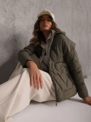 Ciemnozielona Pikowana Kurtka Przejściowa z Kapturem Silidi j.style