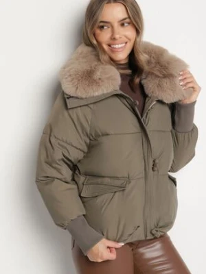 Ciemnozielona Pikowana Kurtka z Futrzanym Kołnierzem z Możliwością Odpięcia Malatila bh forever