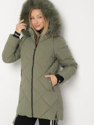 Ciemnozielona Pikowana Kurtka z Kapturem z Futrem i Ściągaczami przy Rękawach Dacce romee's