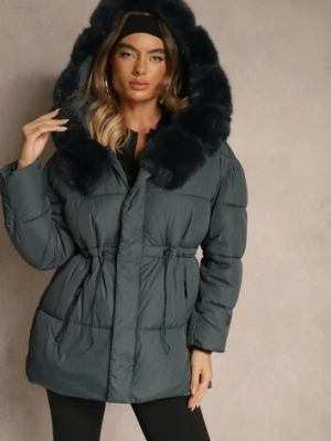 Ciemnozielona Pikowana Kurtka z Szerokim Kapturem z Futrem Galiessa swest