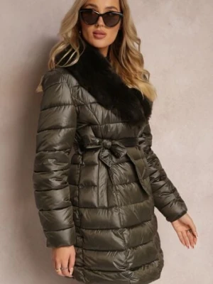 Ciemnozielona Pikowana Kurtka z Wiązanym Paskiem i Kołnierzem z Futerka Avrissa
