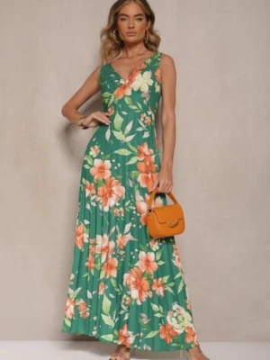 Ciemnozielona Plisowana Sukienka o Rozkloszowanym Fasonie na Szerokich Ramiączkach Nitanela lovery