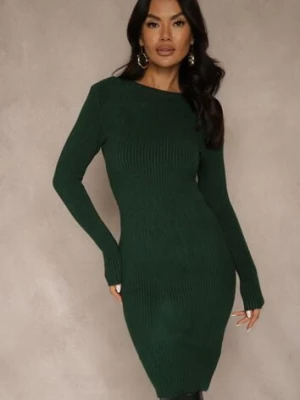 Ciemnozielona Prążkowana Sukienka z Dzianiny z Bawełną o Dopasowanym Kroju Tesoria