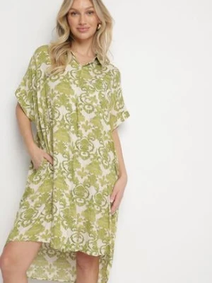 Ciemnozielona Pudełkowa Sukienka Koszulowa z Wiskozy w Ornamentalny Print Vanisse cflo