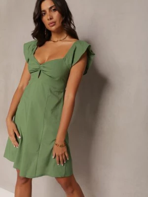 Ciemnozielona Rozkloszowana Bawełniana Sukienka Mini z Krótkim Rękawem i Wycięciem pod Biustem Tremael rosa