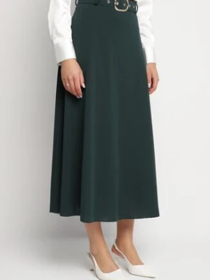 Ciemnozielona Rozkloszowana Spódnica z Wysokim Stanem Ozdobiona Paskiem z Klamrą Lobira fashion station