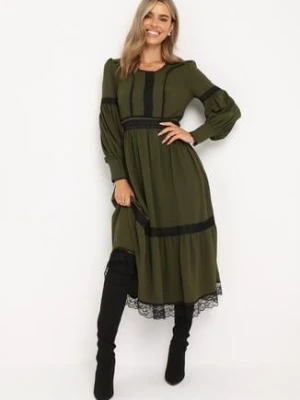 Ciemnozielona Rozkloszowana Sukienka Maxi Ozdobiona Koronką z Mankietami Nimaga jusdepom