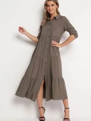 Ciemnozielona Rozkloszowana Sukienka Maxi z Bawełny w Koszulowym Stylu Onecca