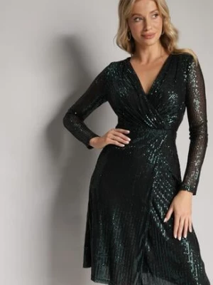 Ciemnozielona Rozkloszowana Sukienka Midi w Cekiny Ocorna